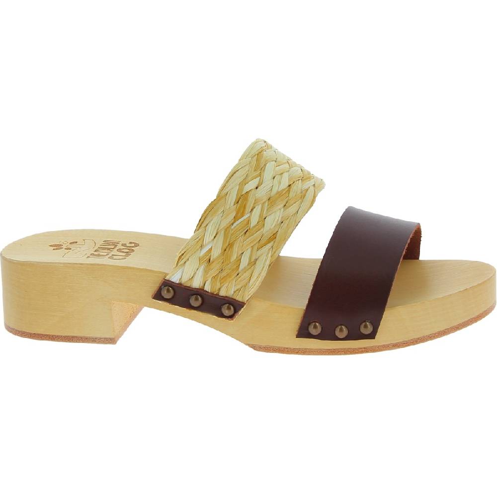 Lartigiano Del Cuoio Sabot in legno da donna artigianali con fascia in rafia e pelle testa di moro Saldi Di Fabbrica