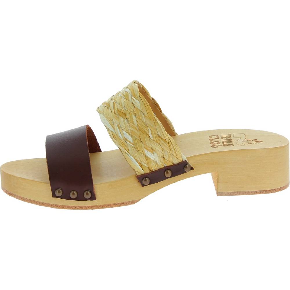 Lartigiano Del Cuoio Sabot in legno da donna artigianali con fascia in rafia e pelle testa di moro Saldi Di Fabbrica