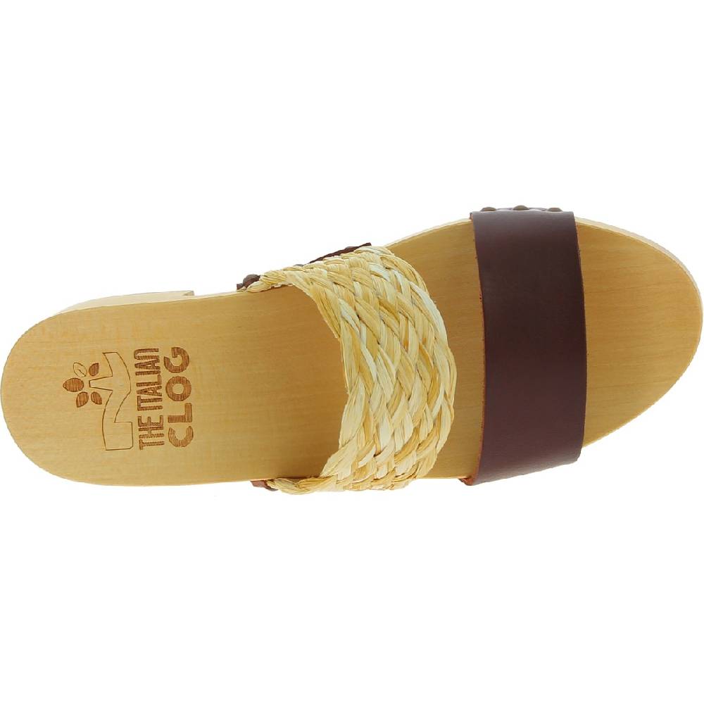 Lartigiano Del Cuoio Sabot in legno da donna artigianali con fascia in rafia e pelle testa di moro Saldi Di Fabbrica