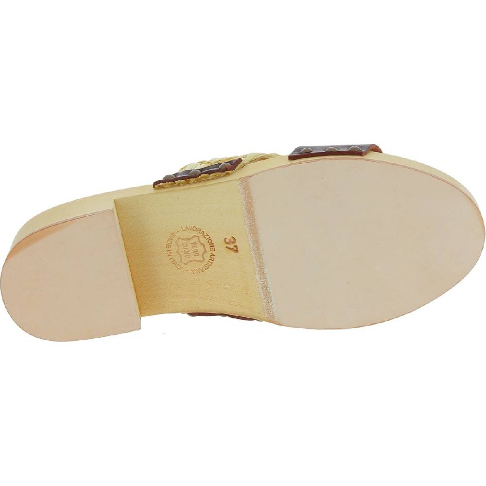 Lartigiano Del Cuoio Sabot in legno da donna artigianali con fascia in rafia e pelle testa di moro Saldi Di Fabbrica