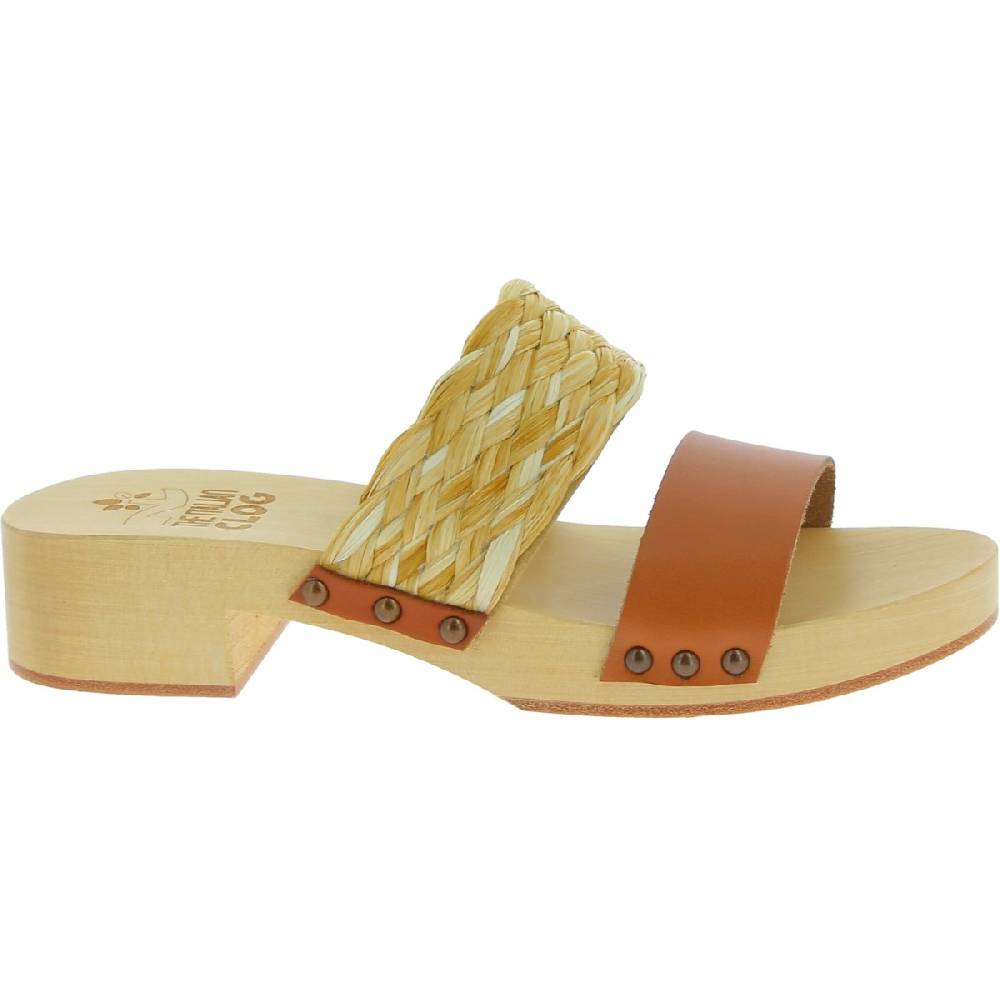 Lartigiano Del Cuoio Sabot in legno da donna artigianali con fascia in rafia e pelle color cuoio Sconto di tempo limitato