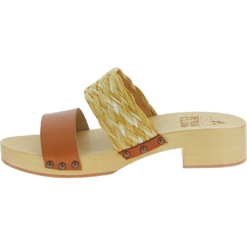 Lartigiano Del Cuoio Sabot in legno da donna artigianali con fascia in rafia e pelle color cuoio Sconto di tempo limitato