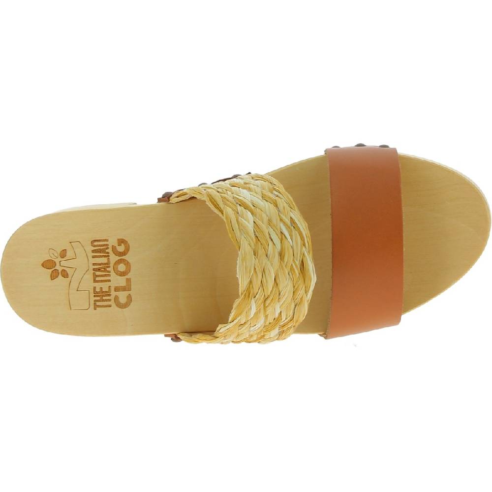 Lartigiano Del Cuoio Sabot in legno da donna artigianali con fascia in rafia e pelle color cuoio Sconto di tempo limitato