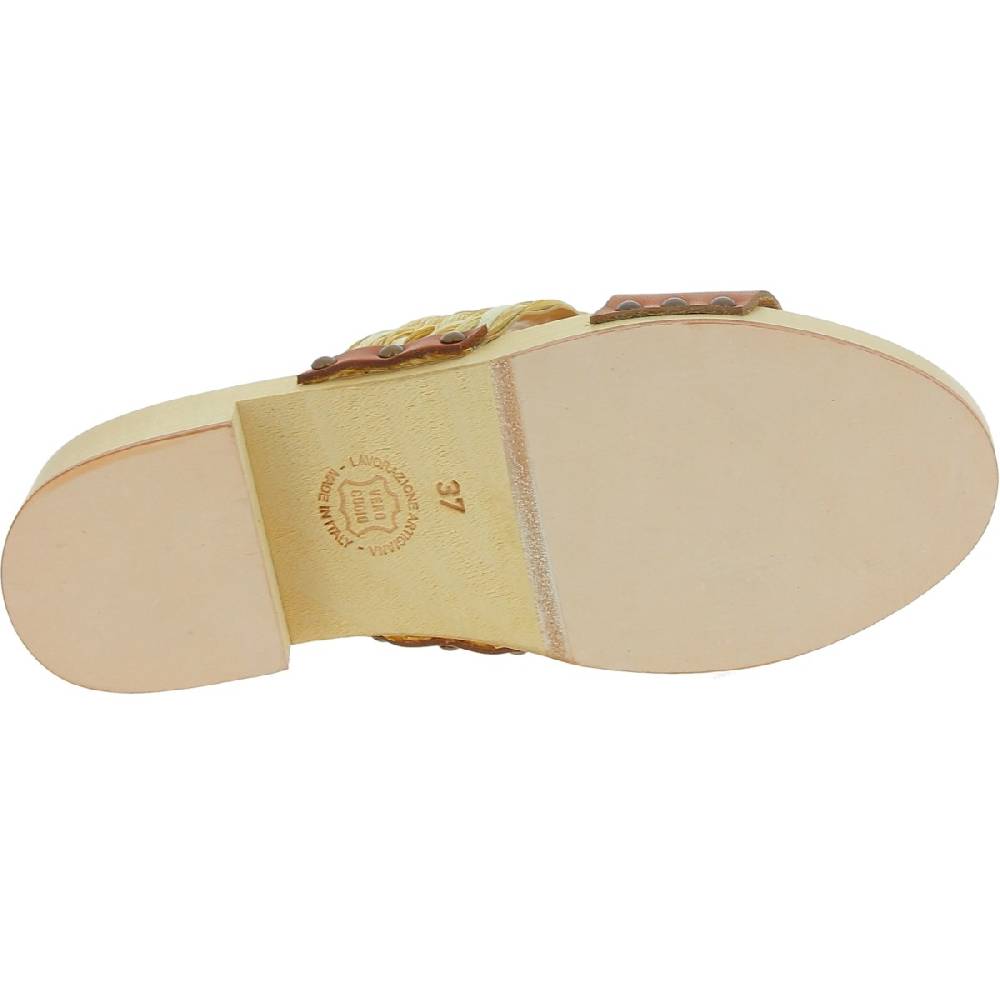 Lartigiano Del Cuoio Sabot in legno da donna artigianali con fascia in rafia e pelle color cuoio Sconto di tempo limitato