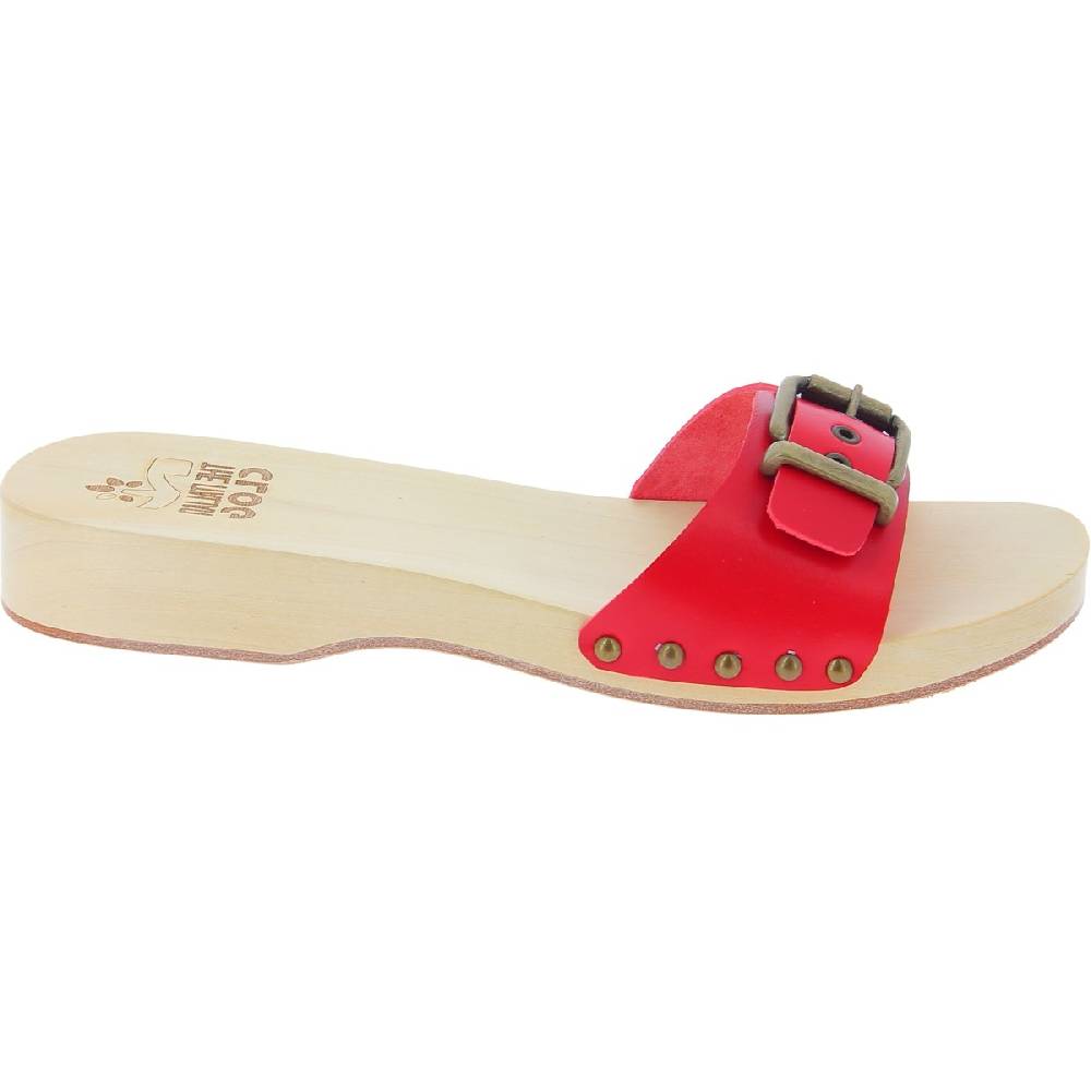 Lartigiano Del Cuoio Zoccoli di legno artigianali da uomo con fascia regolabile in pelle rossa Offerta temporanea
