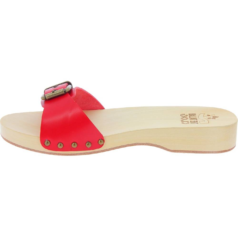 Lartigiano Del Cuoio Zoccoli di legno artigianali da uomo con fascia regolabile in pelle rossa Offerta temporanea