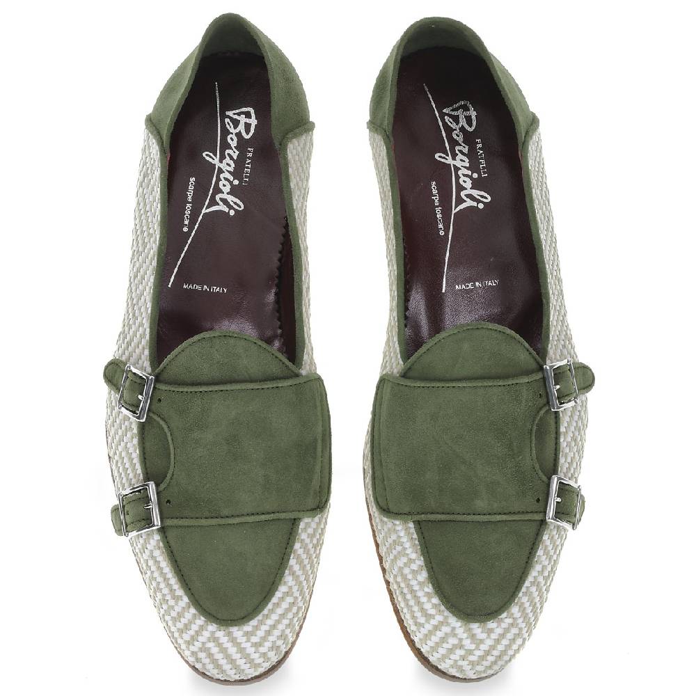 Lartigiano Del Cuoio Mocassino doppia fibbia in camoscio verde e tessuto intrecciato - Fratelli Borgioli Nuovi prodotti