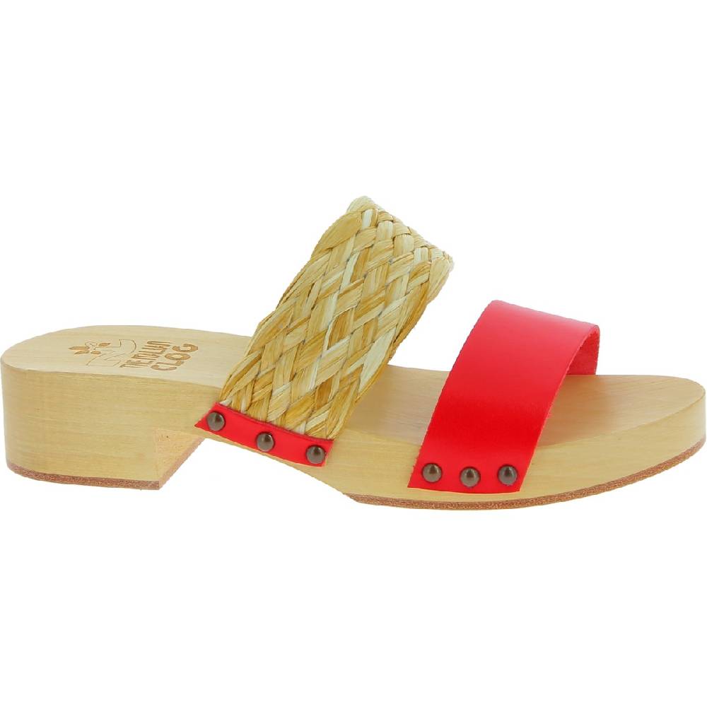Lartigiano Del Cuoio Sabot in legno da donna artigianali con fascia in rafia e pelle rossa Fino al 50% di sconto