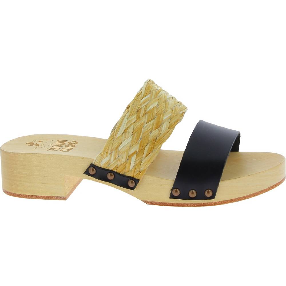 Lartigiano Del Cuoio Sabot da donna in legno artigianali con fascia in rafia e pelle nero Sottocosto