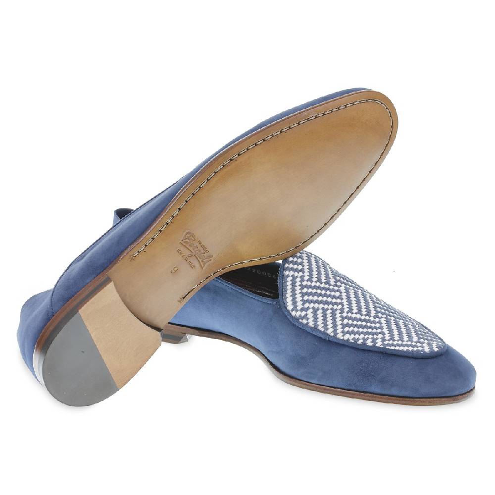Lartigiano Del Cuoio Mocassino in camoscio azzurro e tessuto intrecciato fatto a mano Offerta speciale