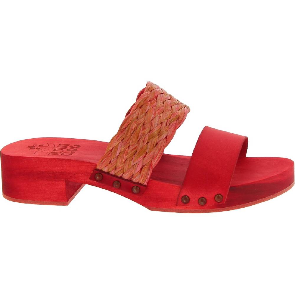 Lartigiano Del Cuoio Sabot da donna rosso in legno artigianali con fascia in rafia e pelle Smaltimento dello stoccaggio