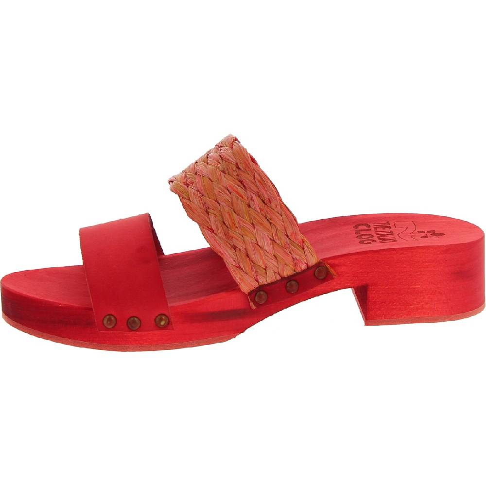 Lartigiano Del Cuoio Sabot da donna rosso in legno artigianali con fascia in rafia e pelle Smaltimento dello stoccaggio