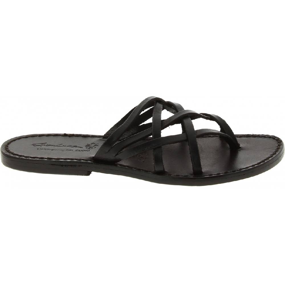Lartigiano Del Cuoio Ciabatte da donna fatte a mano in pelle intrecciata nero con suola in cuoio Online Outlet