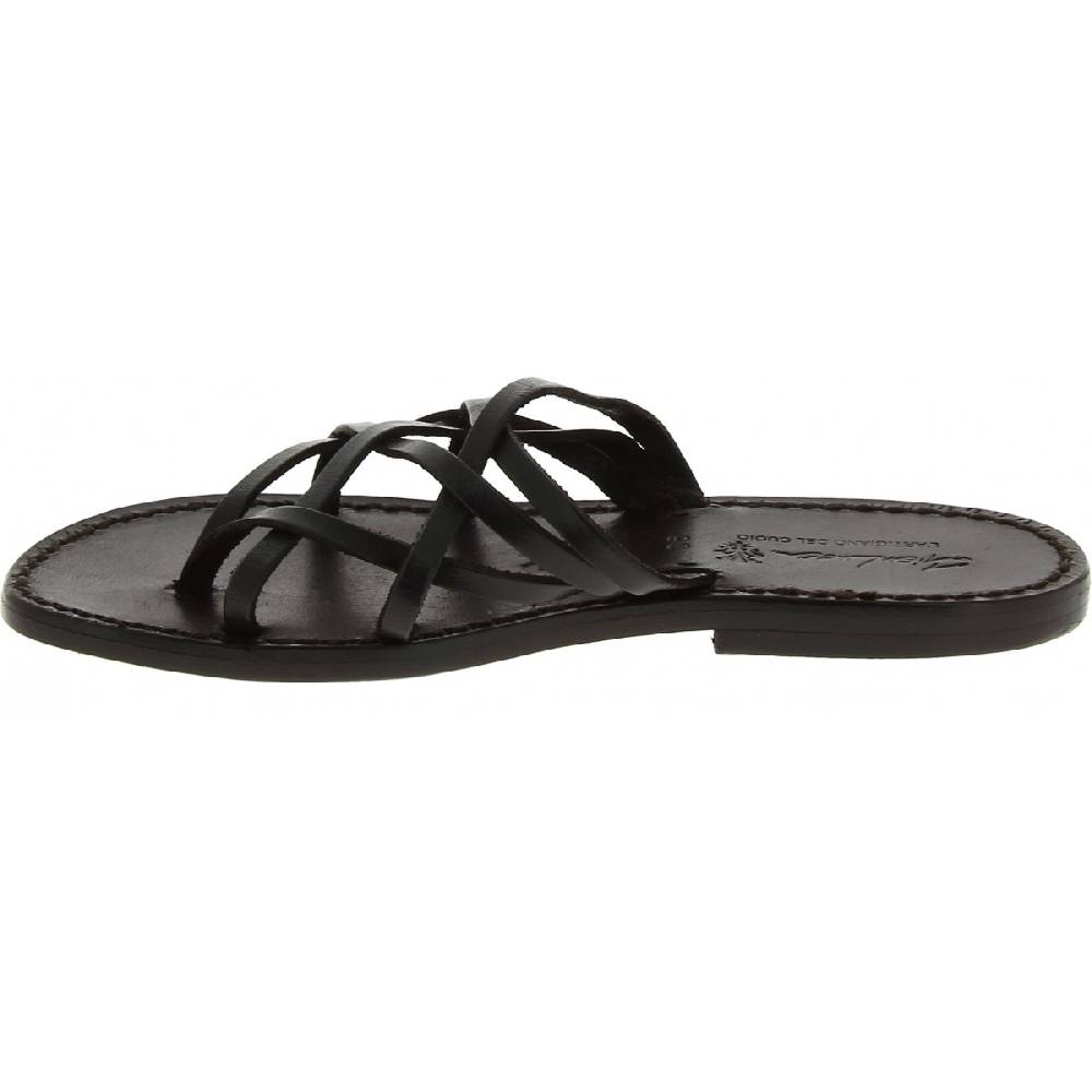 Lartigiano Del Cuoio Ciabatte da donna fatte a mano in pelle intrecciata nero con suola in cuoio Online Outlet