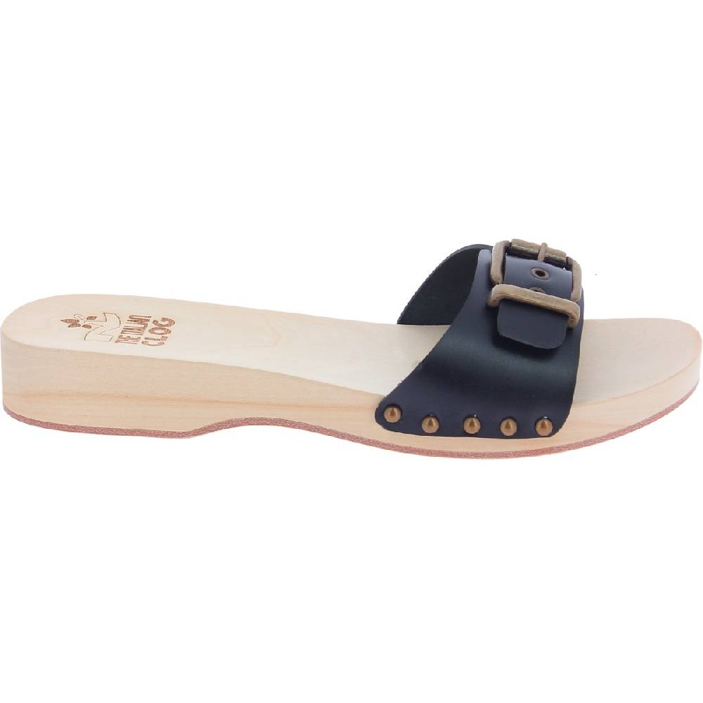 Lartigiano Del Cuoio Zoccoli di legno artigianali da donna con fascia regolabile in pelle nera Nuovi prodotti