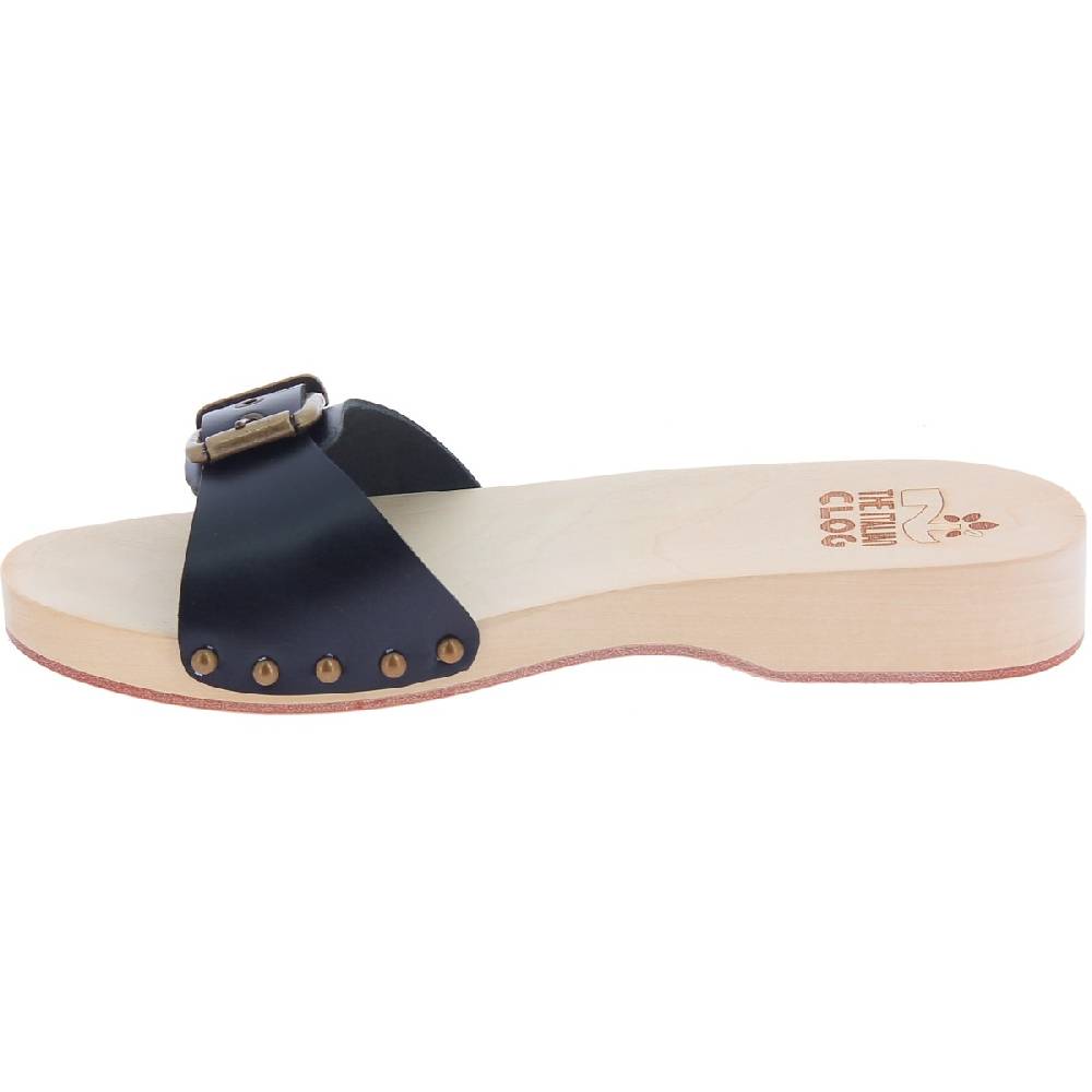 Lartigiano Del Cuoio Zoccoli di legno artigianali da donna con fascia regolabile in pelle nera Nuovi prodotti