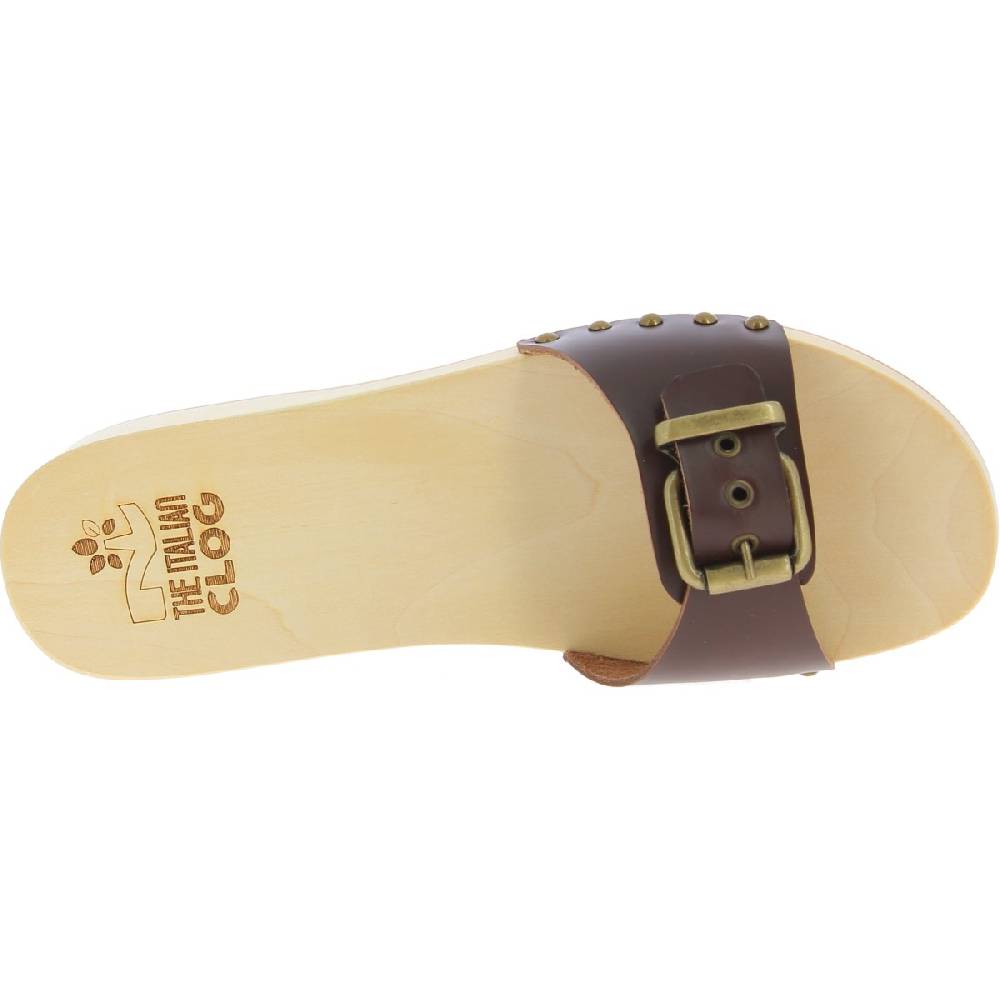 Lartigiano Del Cuoio Zoccoli in legno donna con fascia regolabile in pelle marrone scuro Offerte giornaliere