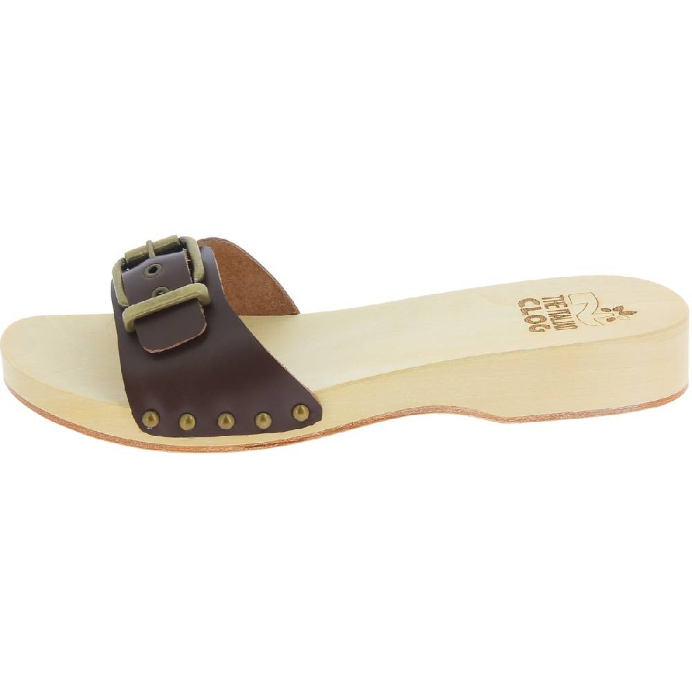 Lartigiano Del Cuoio Zoccoli in legno donna con fascia regolabile in pelle marrone scuro Offerte giornaliere