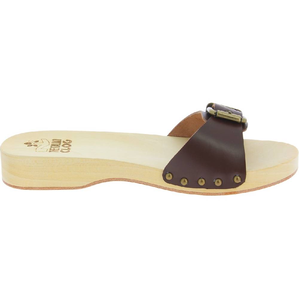 Lartigiano Del Cuoio Zoccoli in legno donna con fascia regolabile in pelle marrone scuro Offerte giornaliere