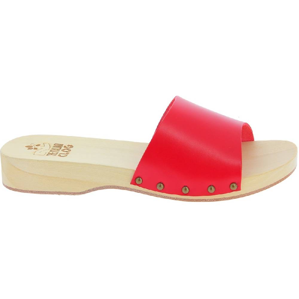 Lartigiano Del Cuoio Zoccoli di legno uomo con fascia larga in pelle rossa artigianali Ultimo giorno