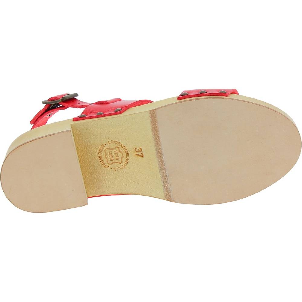 Lartigiano Del Cuoio Zoccoli donna in legno con fasce in pelle rossa Limitato a 3 giorni