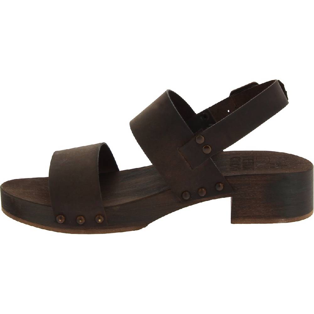 Lartigiano Del Cuoio Zoccoli in legno marrone scuro artigianali con fascia in pelle Black Friday Prezzi