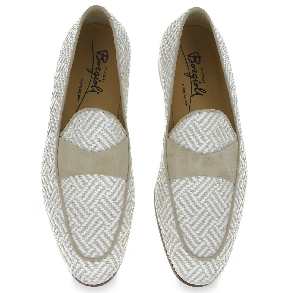 Lartigiano Del Cuoio Mocassino penny in camoscio e tessuto intrecciato bianco e beige Shopping Online