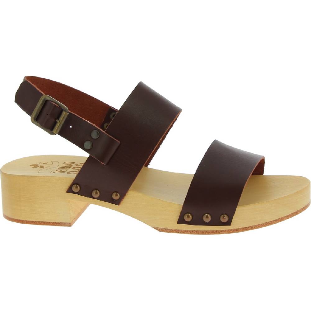 Lartigiano Del Cuoio Zoccoli donna in legno con fasce in pelle marrone scuro Novità