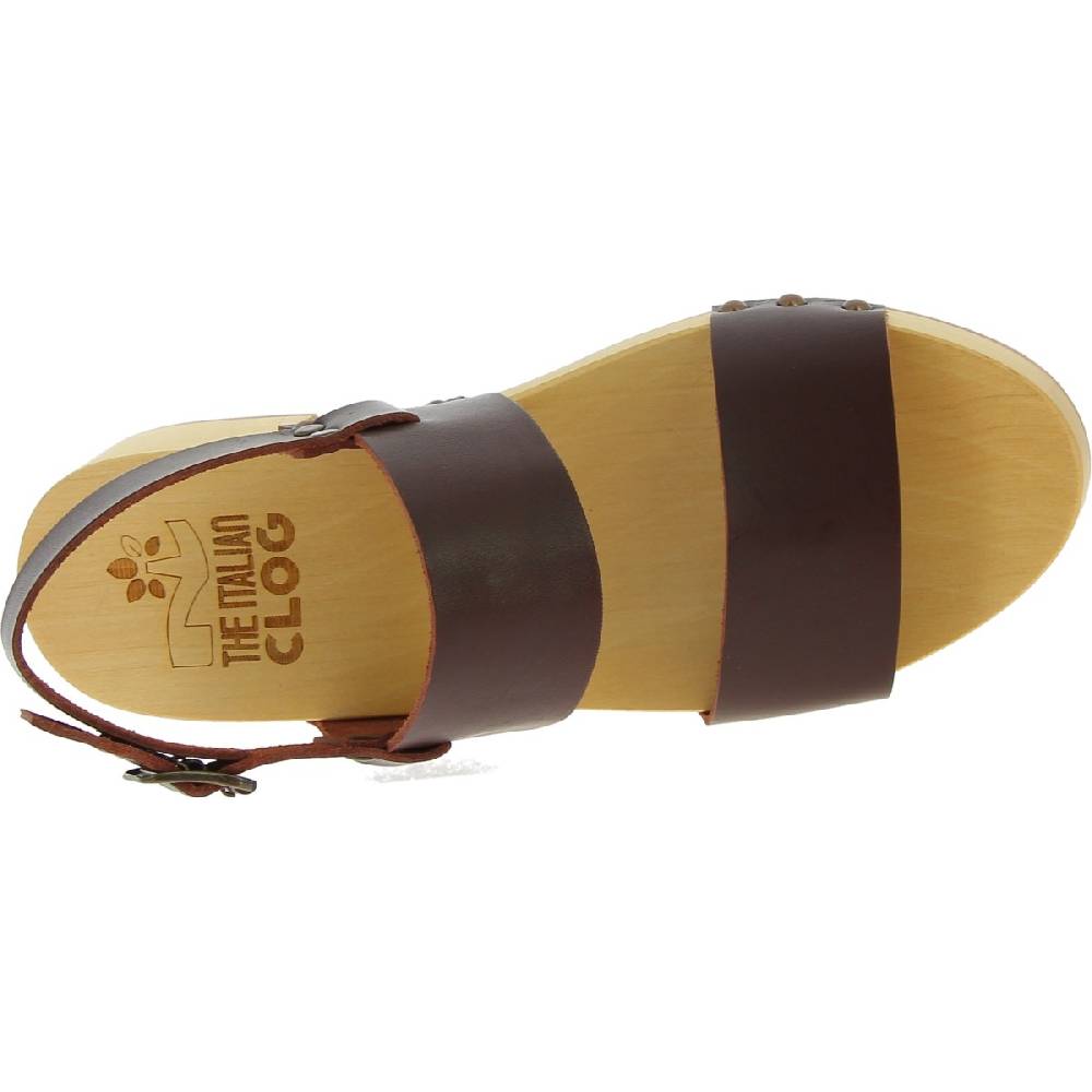 Lartigiano Del Cuoio Zoccoli donna in legno con fasce in pelle marrone scuro Novità