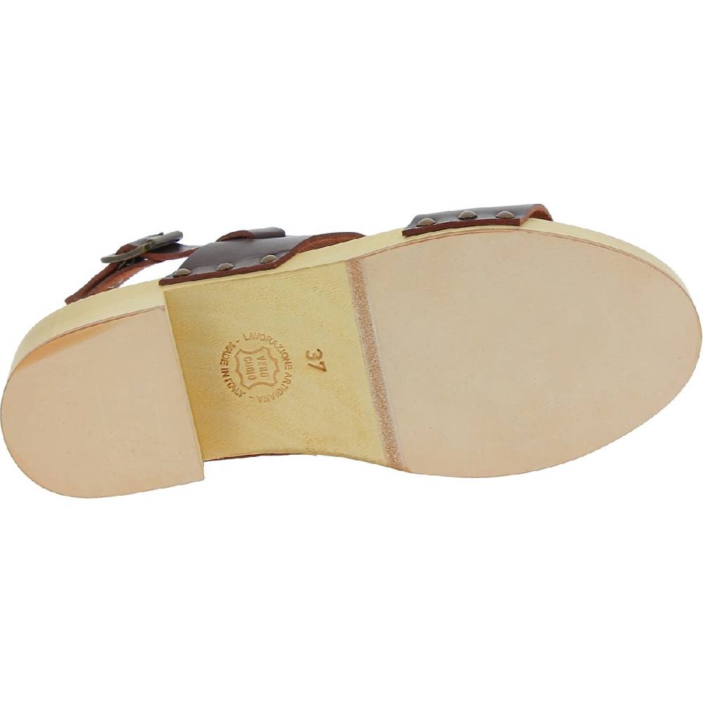 Lartigiano Del Cuoio Zoccoli donna in legno con fasce in pelle marrone scuro Novità