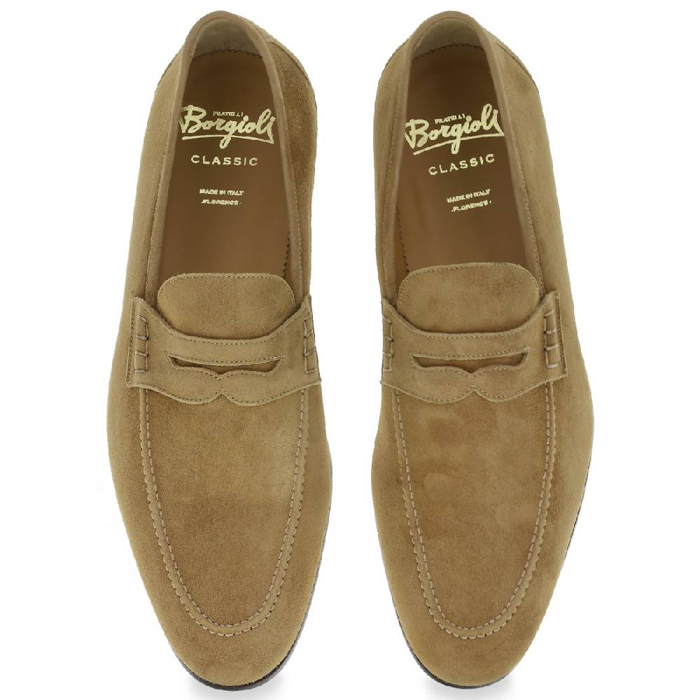 Lartigiano Del Cuoio Mocassino penny in camoscio beige realizzato a mano da Fratelli Borgioli Sconto di tempo limitato