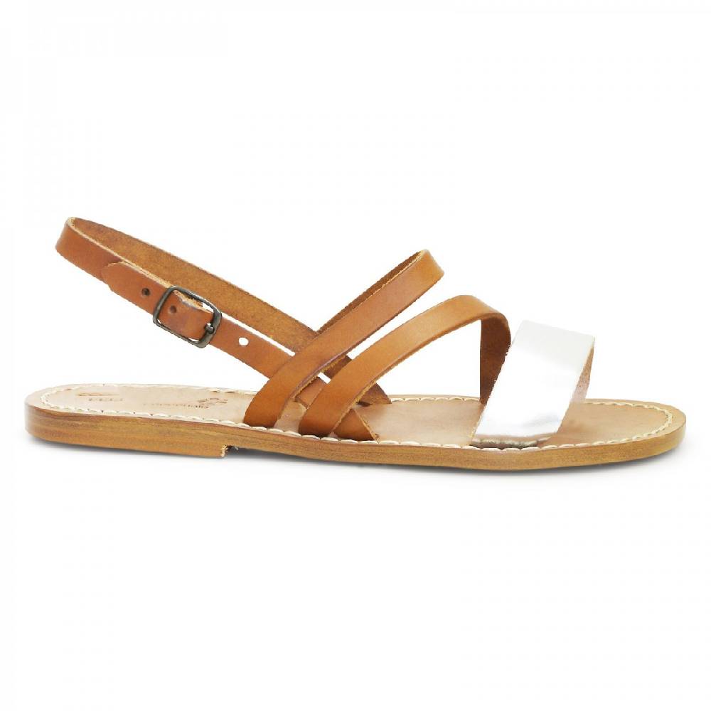 Lartigiano Del Cuoio Sandali bassi color cuoio e argento artigianali da donna Online Outlet