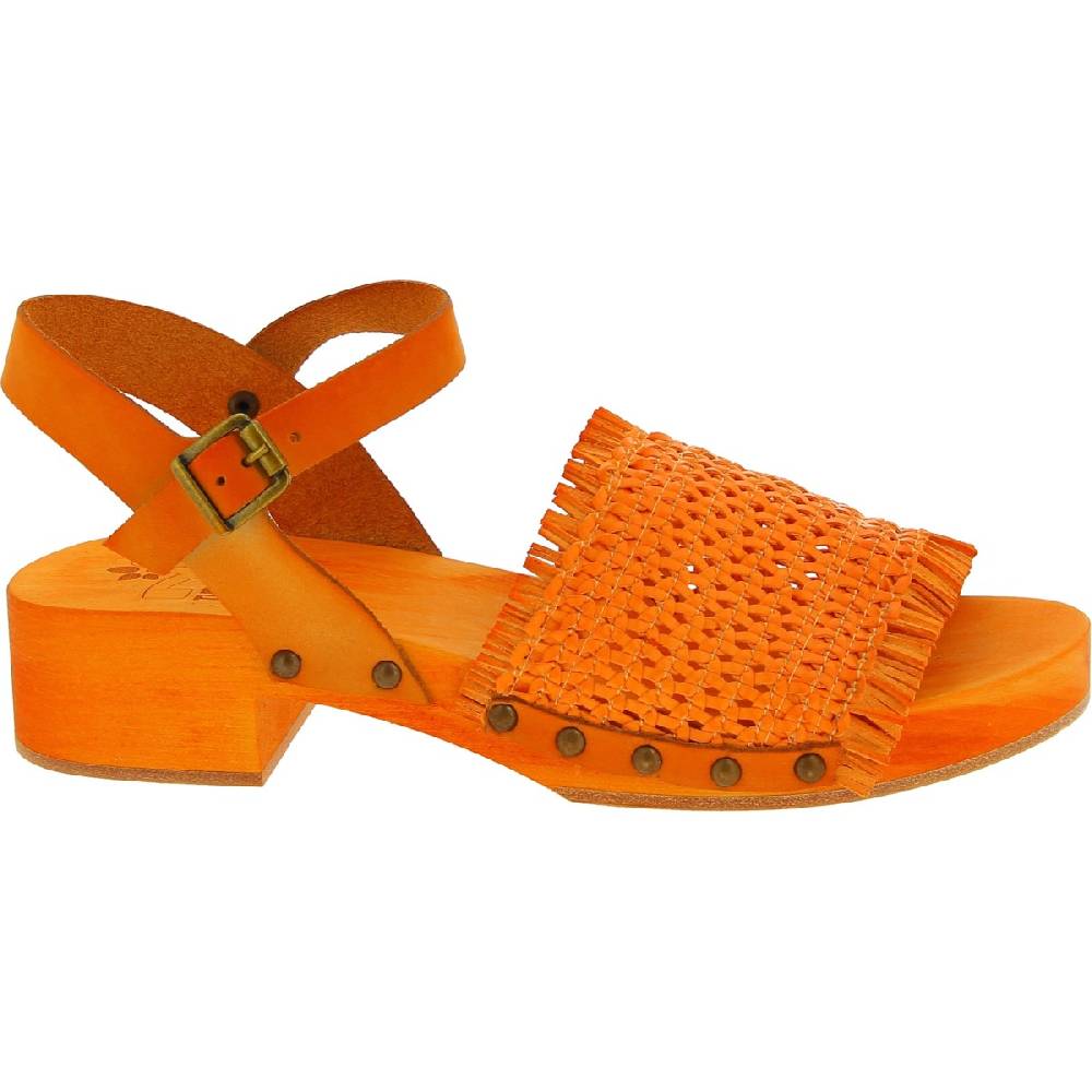 Lartigiano Del Cuoio Zoccolo da donna arancio in legno con fascia in vera pelle intrecciata Offerte esclusive