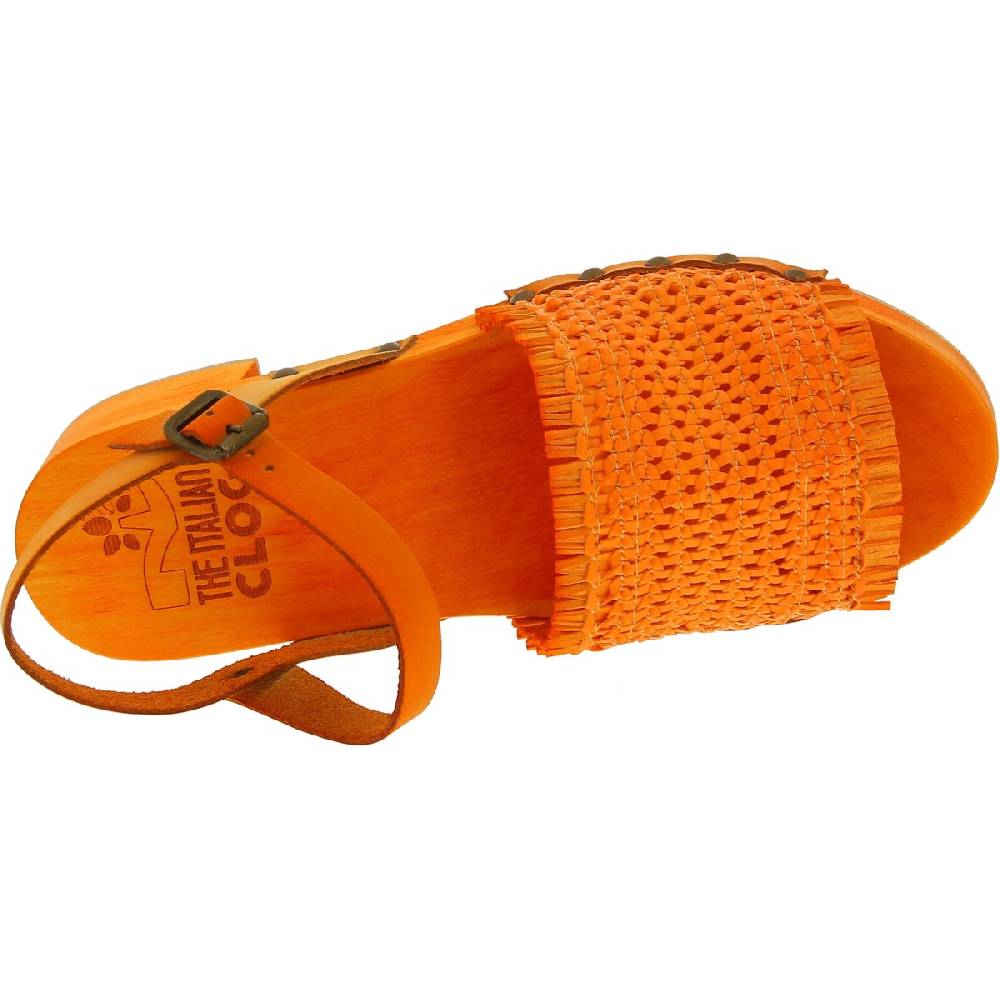Lartigiano Del Cuoio Zoccolo da donna arancio in legno con fascia in vera pelle intrecciata Offerte esclusive