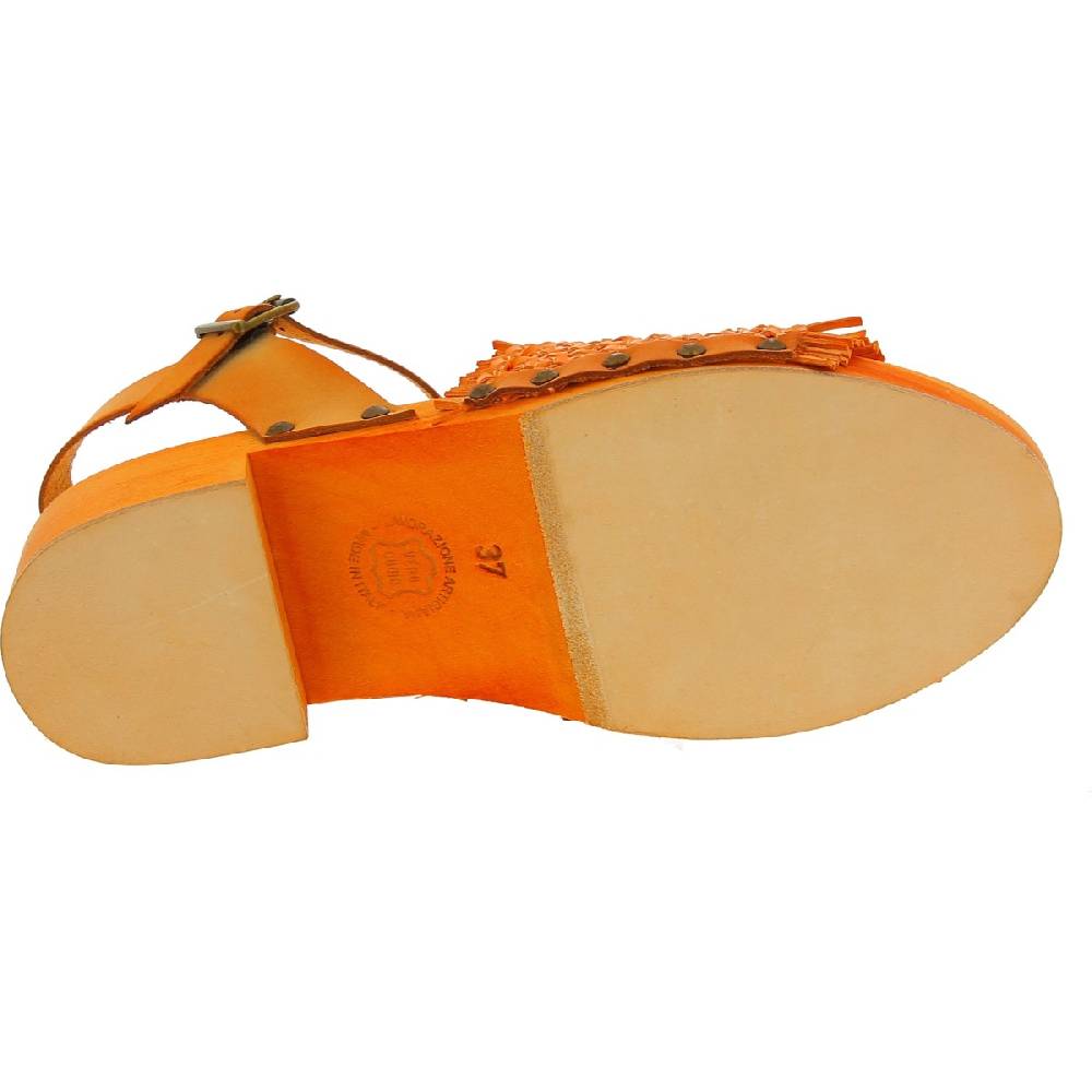 Lartigiano Del Cuoio Zoccolo da donna arancio in legno con fascia in vera pelle intrecciata Offerte esclusive