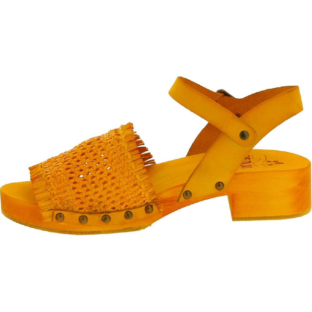 Lartigiano Del Cuoio Zoccolo da donna giallo in legno artigianali con fascia in pelle intrecciata Offerte stagionali