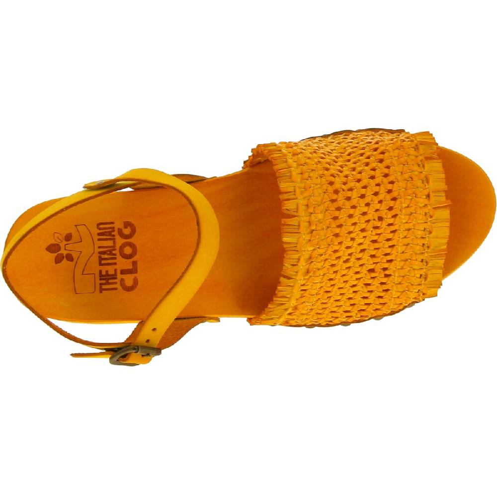 Lartigiano Del Cuoio Zoccolo da donna giallo in legno artigianali con fascia in pelle intrecciata Offerte stagionali