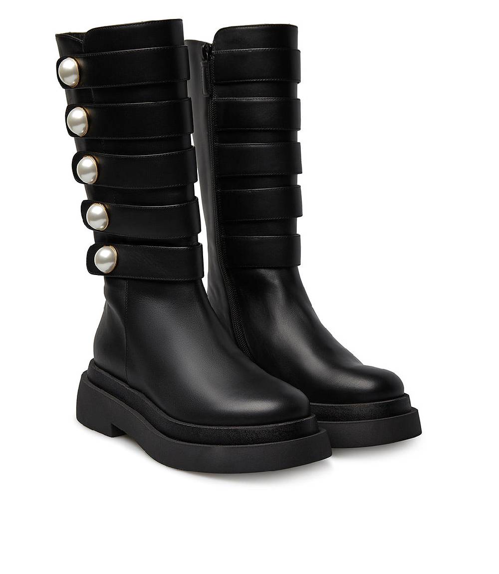 Loriblu Stivale in vitello nero con cinturini e borchie perla Prezzo Ridotto