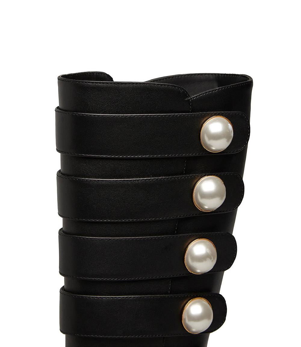 Loriblu Stivale in vitello nero con cinturini e borchie perla Prezzo Ridotto