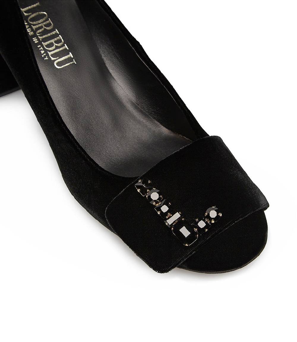 Loriblu Décolleté in velluto nero con Logo Signature in cristalli Offerta
