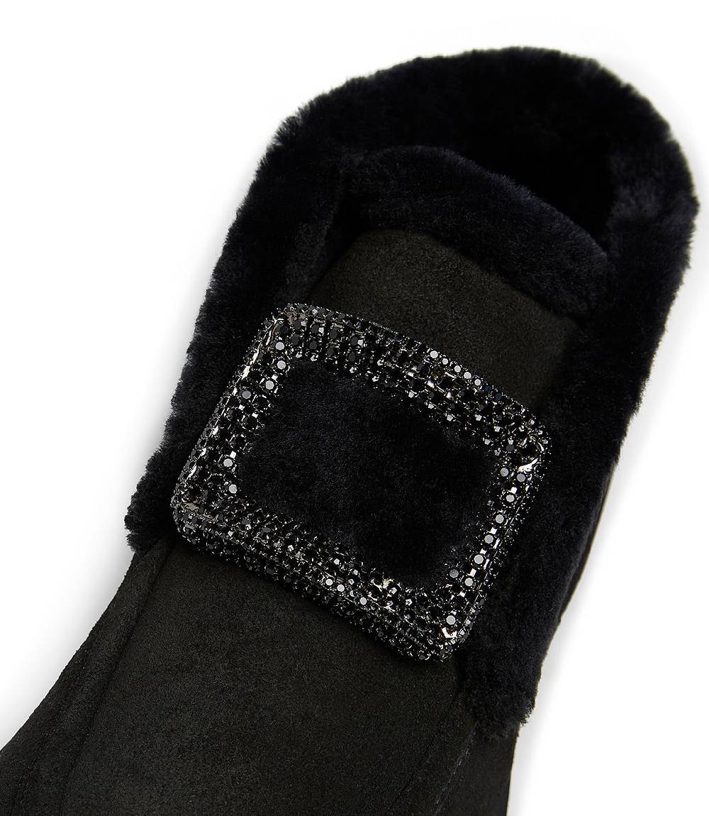 Loriblu Mocassini in camoscio e shearling nero con fibbia-gioiello In Vendita