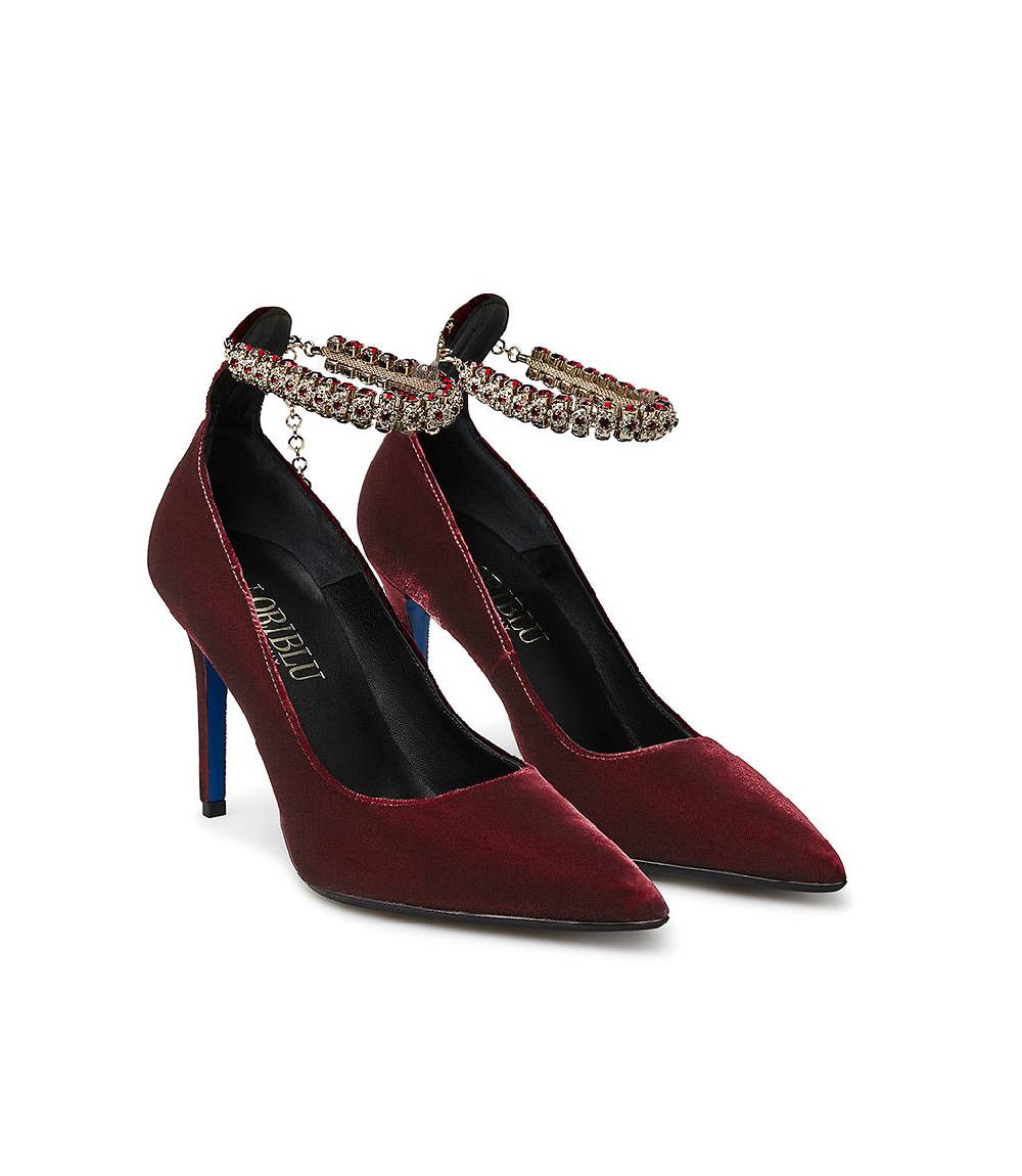 Loriblu Décolleté in velluto rosso rubino con cinturino gioiello Black Friday