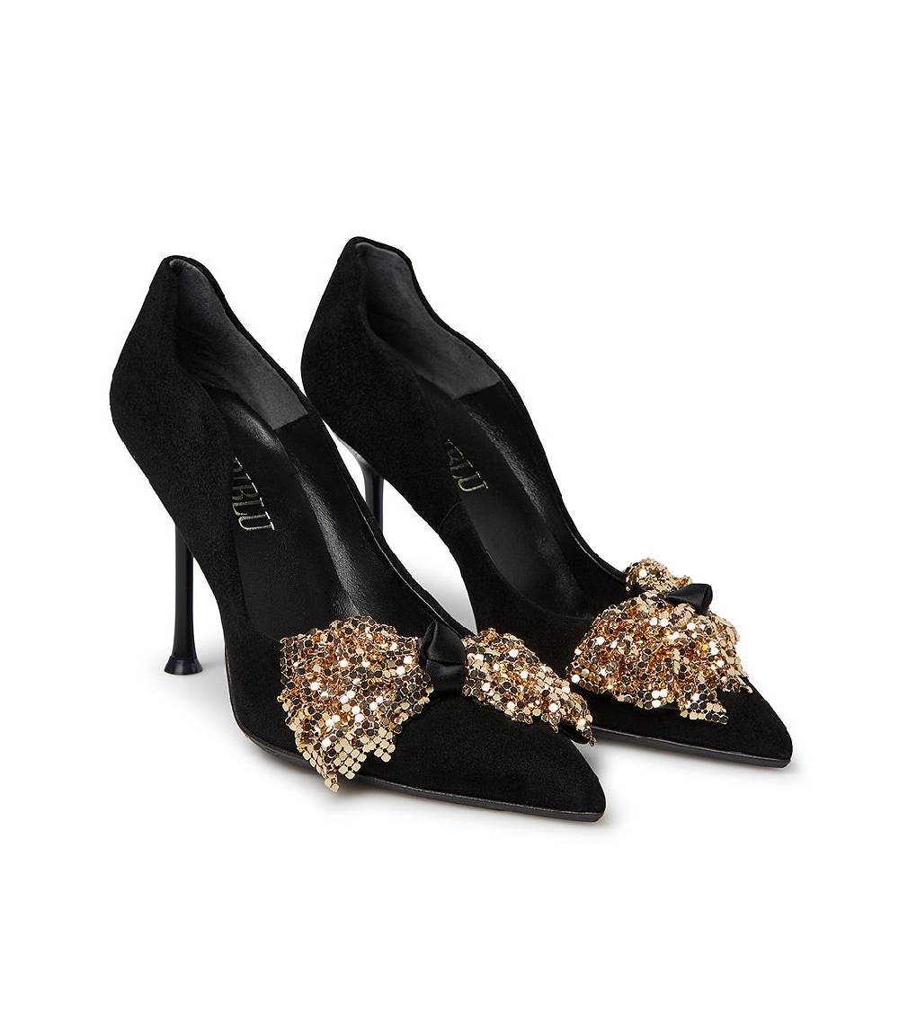 Loriblu Décolleté onda in camoscio nero con fiocco full metal oro Offerta natalizia