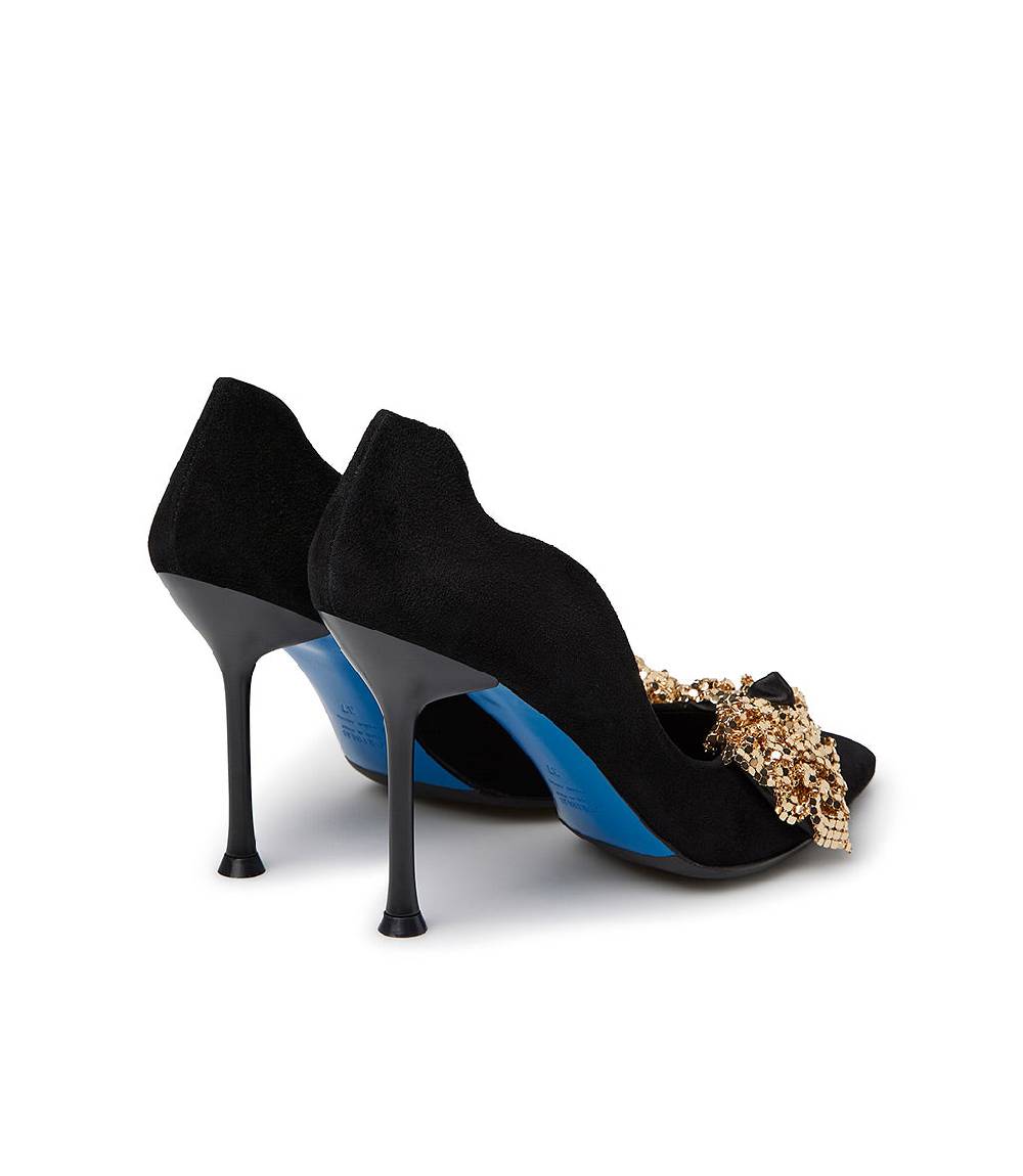 Loriblu Décolleté onda in camoscio nero con fiocco full metal oro Offerta natalizia